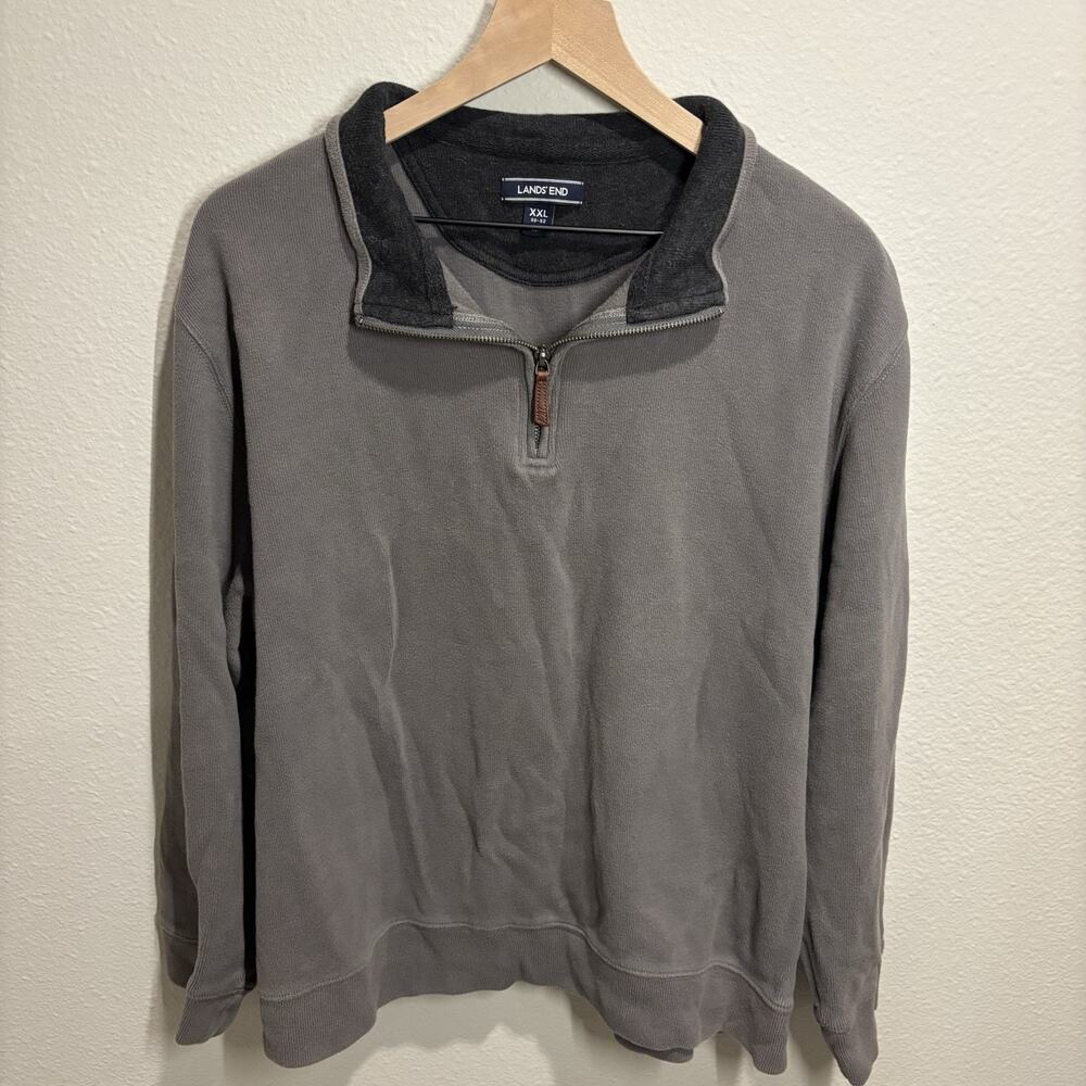 Lands End Men’s XXL Grey Quarter Zip Pullover Sweater 100 Cotton